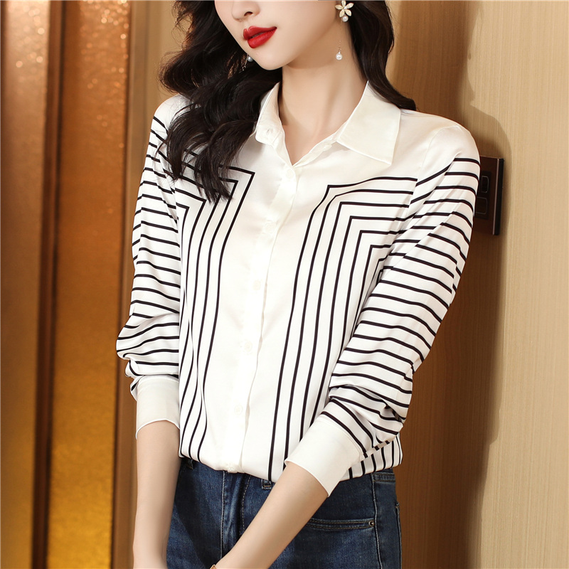 Summer stripe loose tops real silk slim silk shirt for women