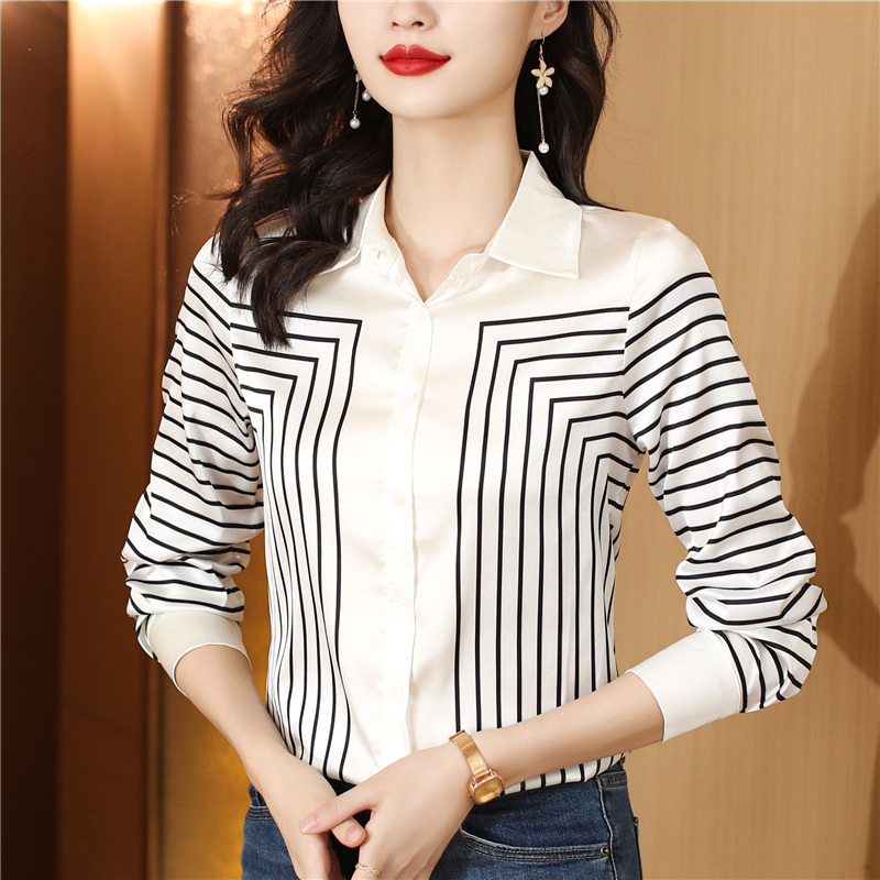 Summer stripe loose tops real silk slim silk shirt for women