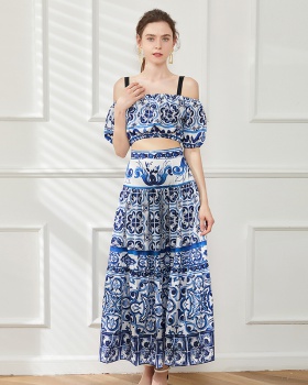 Fashion short tops high waist long skirt 2pcs set