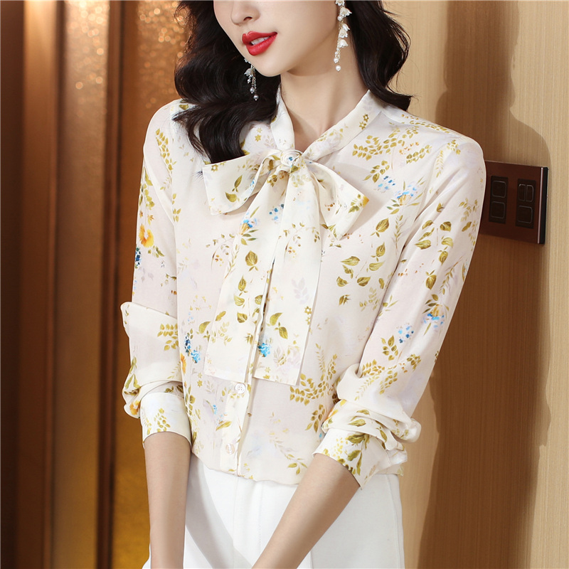 France style floral streamer tops silk bow long sleeve shirt
