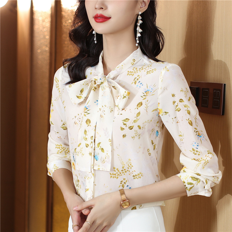 France style floral streamer tops silk bow long sleeve shirt