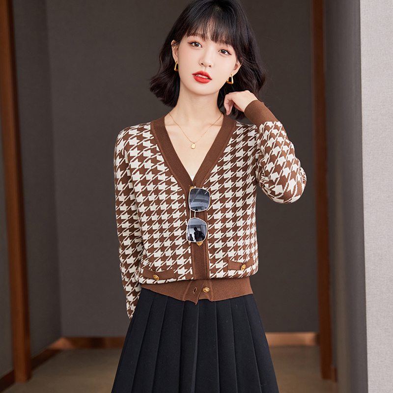 France style wool sweater knitted houndstooth coat