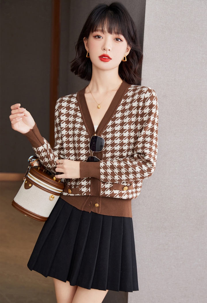 France style wool sweater knitted houndstooth coat