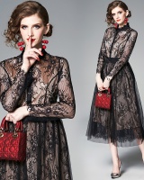 Pinched waist splice autumn gauze creased lace dress