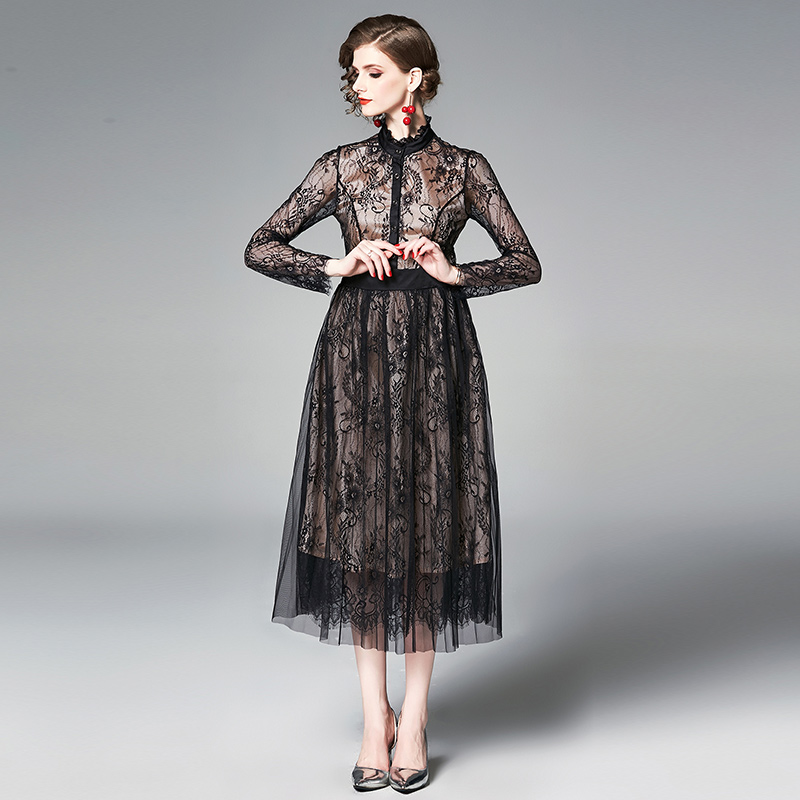 Pinched waist splice autumn gauze creased lace dress