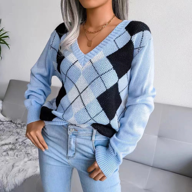 Pullover long sleeve tops V-neck quilted sweater