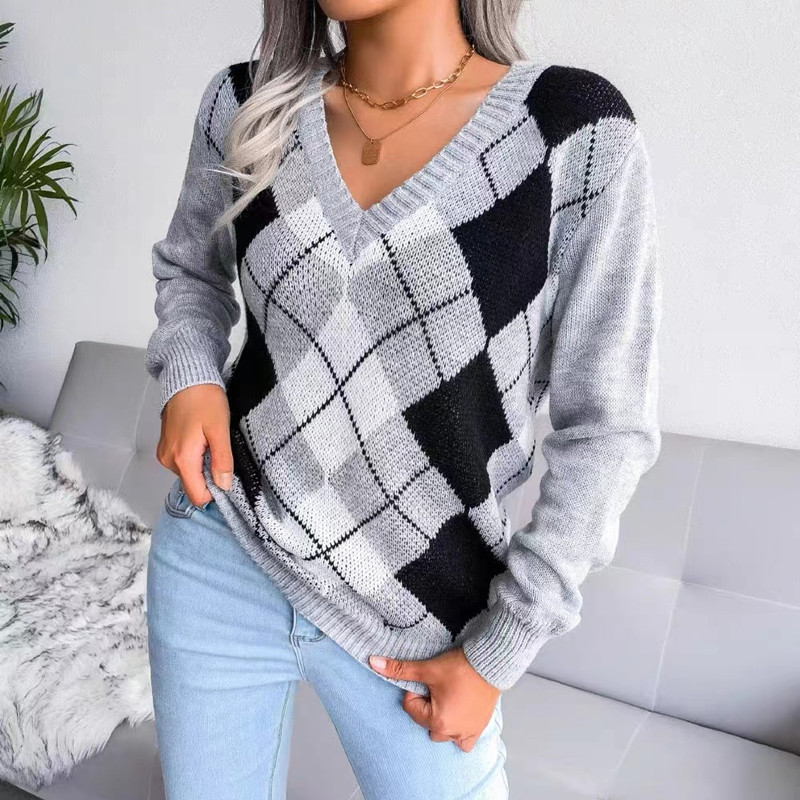 Pullover long sleeve tops V-neck quilted sweater
