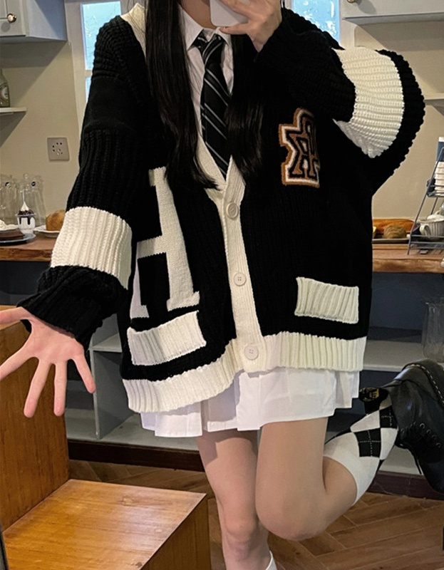 College style loose cardigan knitted coat for women