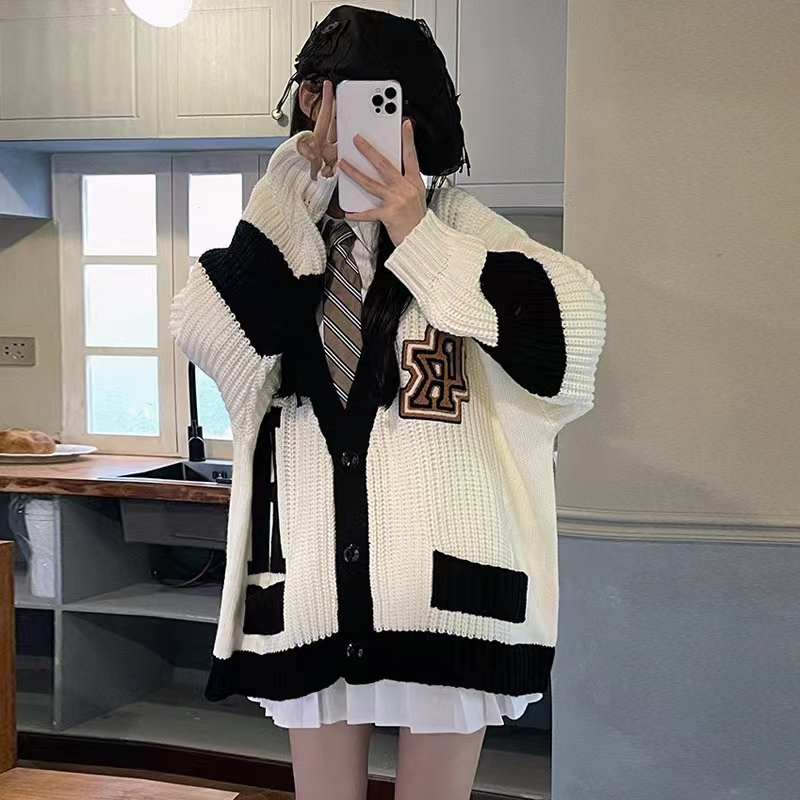 College style loose cardigan knitted coat for women