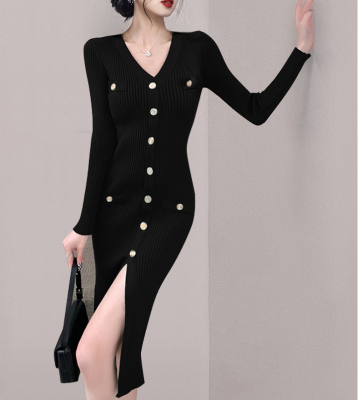 Slim split knitted long package hip autumn and winter dress