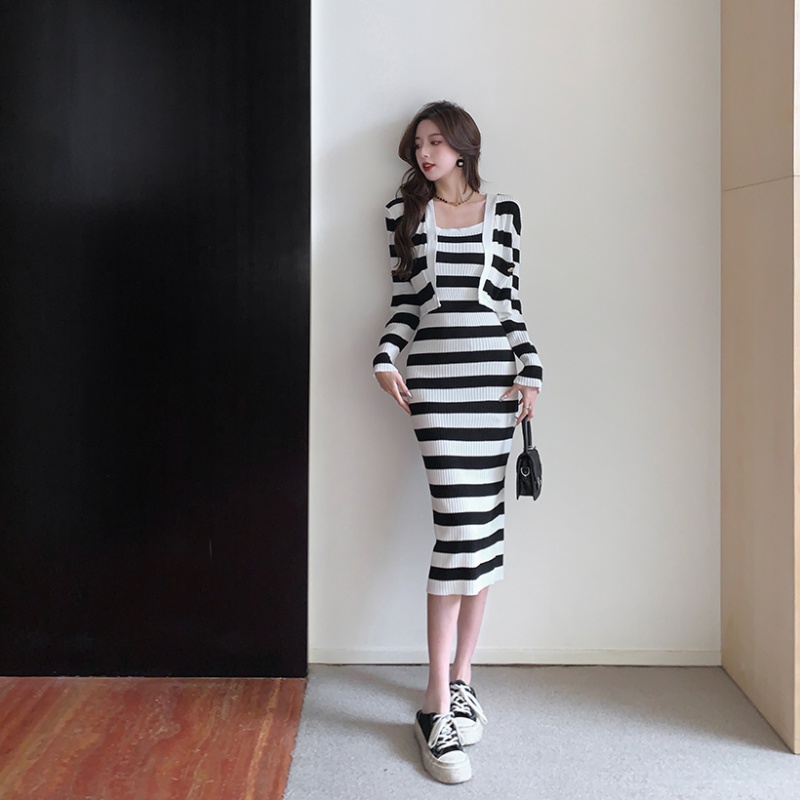 Black-white cardigan retro sleeveless dress 2pcs set