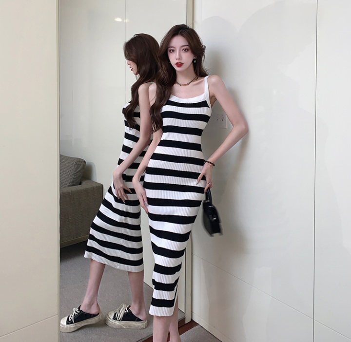 Black-white cardigan retro sleeveless dress 2pcs set