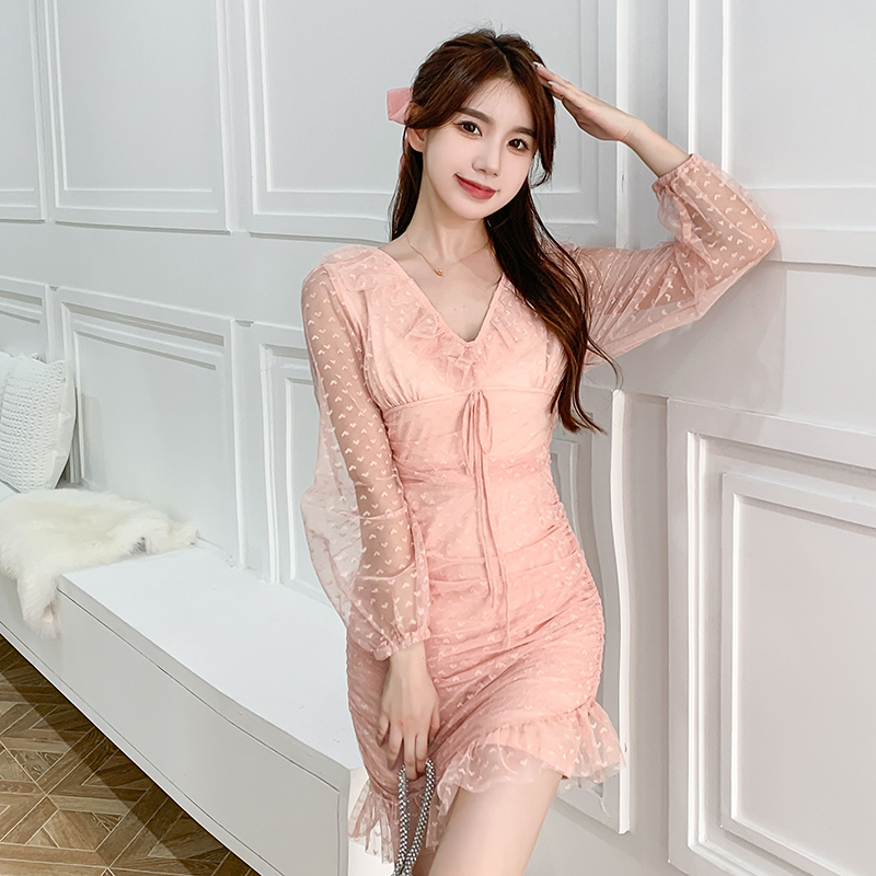 Lady pink long sleeve bandage lotus leaf edges dress