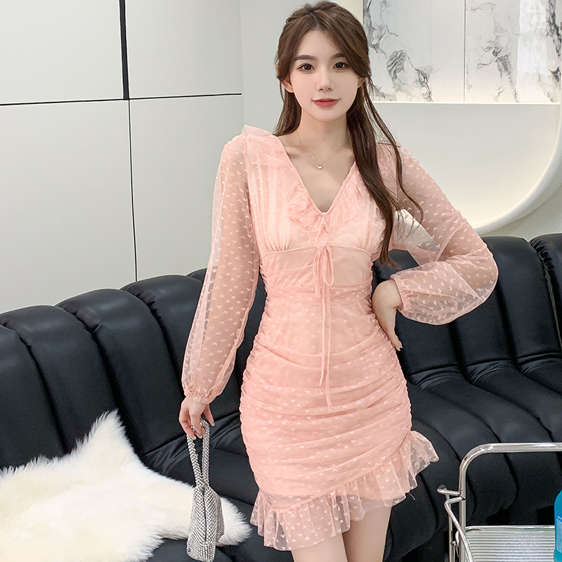 Lady pink long sleeve bandage lotus leaf edges dress