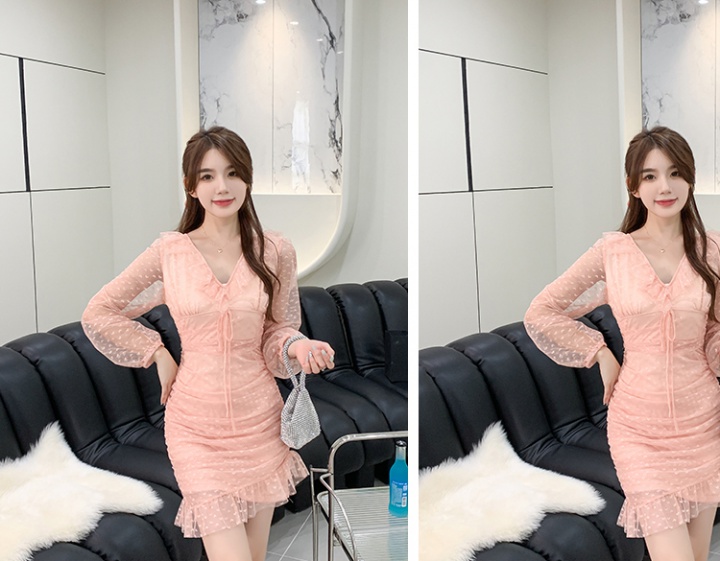 Lady pink long sleeve bandage lotus leaf edges dress