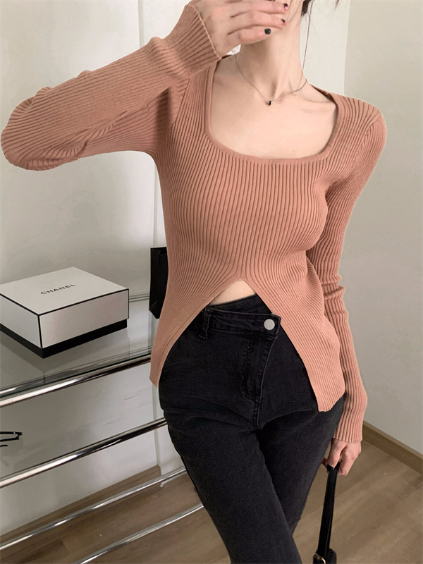 Irregular long sleeve knitted T-shirt autumn split tops