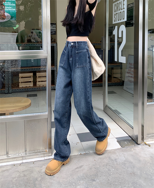 Straight large pockets autumn high waist washed jeans