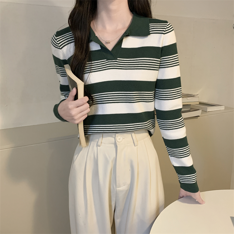Autumn stripe knitted bottoming shirt for women