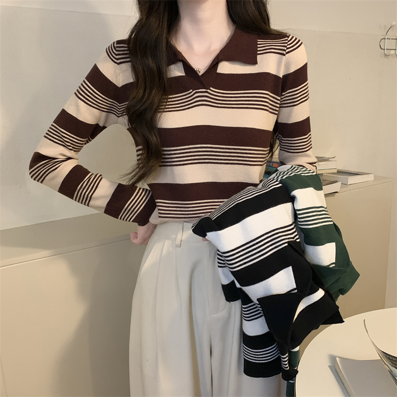 Autumn stripe knitted bottoming shirt for women