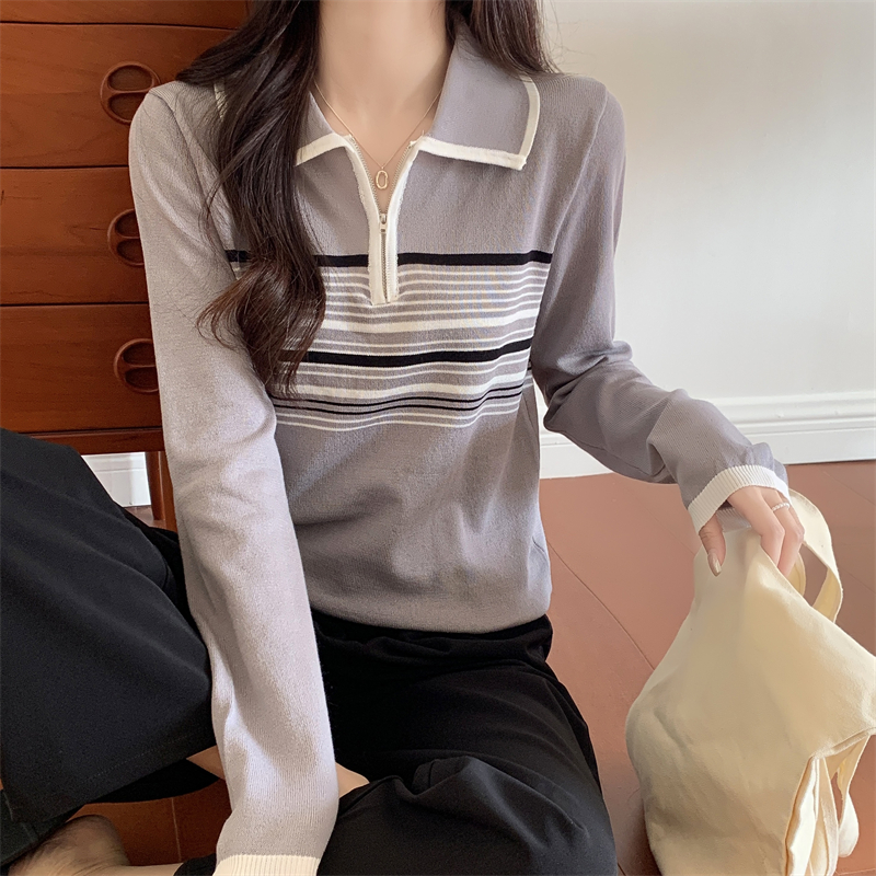 Autumn short mixed colors stripe long sleeve sweater