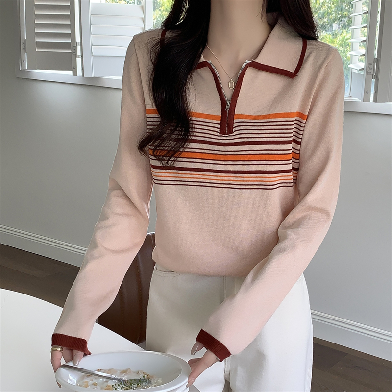 Autumn short mixed colors stripe long sleeve sweater