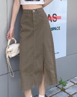 High waist long irregular jeans apricot slit skirt