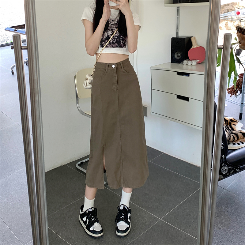High waist long irregular jeans apricot slit skirt