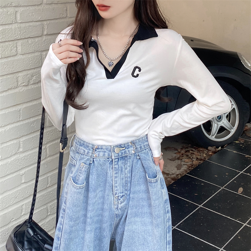 White mixed colors tops autumn slim bottoming shirt