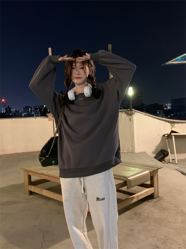 Korean style slim khaki loose round neck hoodie