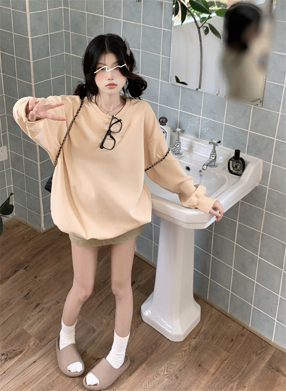 Slim fleece loose round neck Korean style khaki hoodie