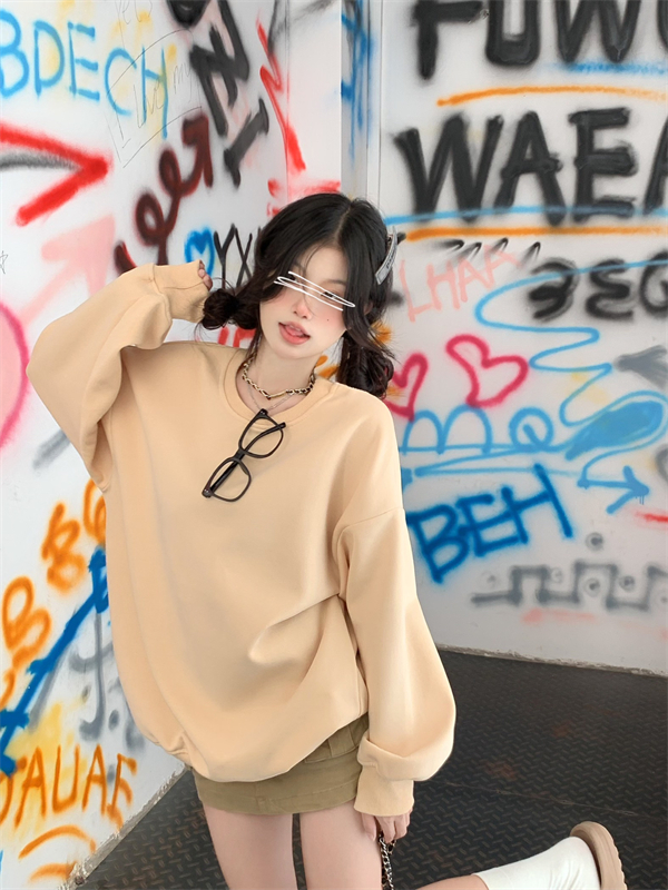 Slim fleece loose round neck Korean style khaki hoodie