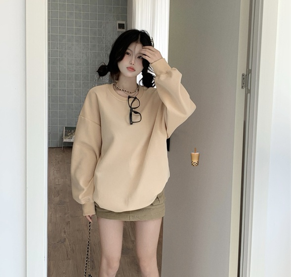 Slim fleece loose round neck Korean style khaki hoodie