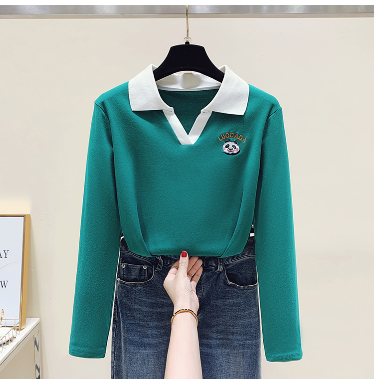 Embroidery unique T-shirt lapel long sleeve tops for women