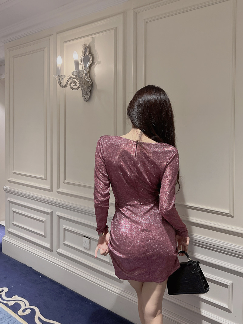 Long sleeve mini dress bronzing T-back for women
