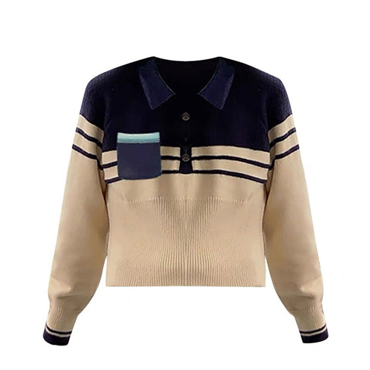 Mixed colors lapel long sleeve all-match sweater for women