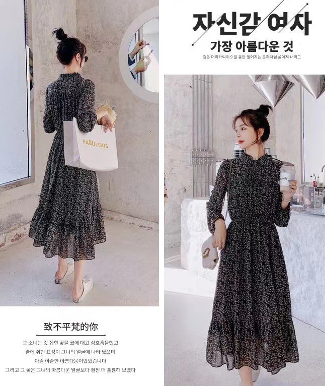 Pinched waist spring and autumn exceed knee dress