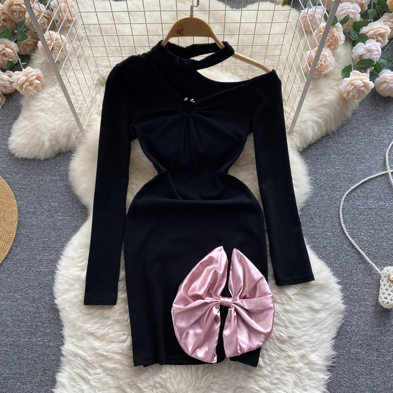 Halter package hip pinched waist bow dress for women