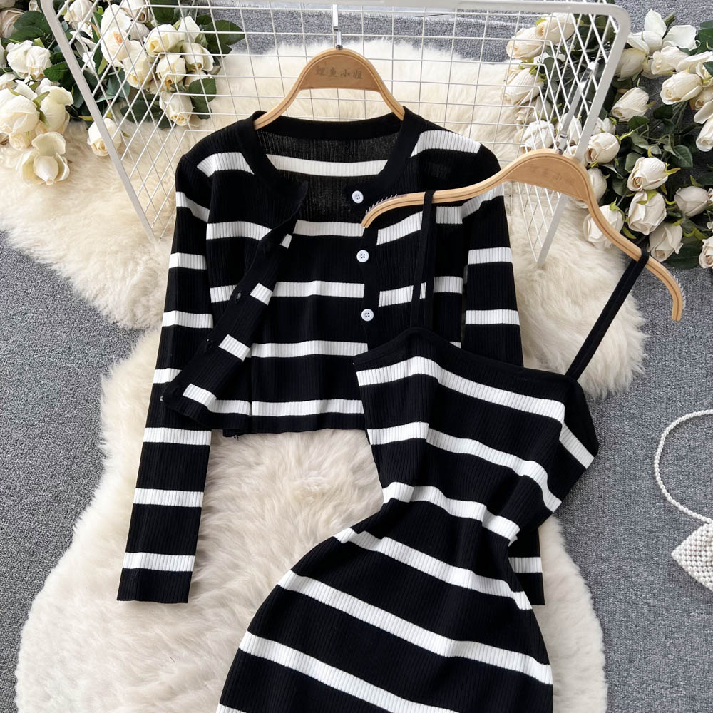 Knitted dress long sleeve coat 2pcs set for women