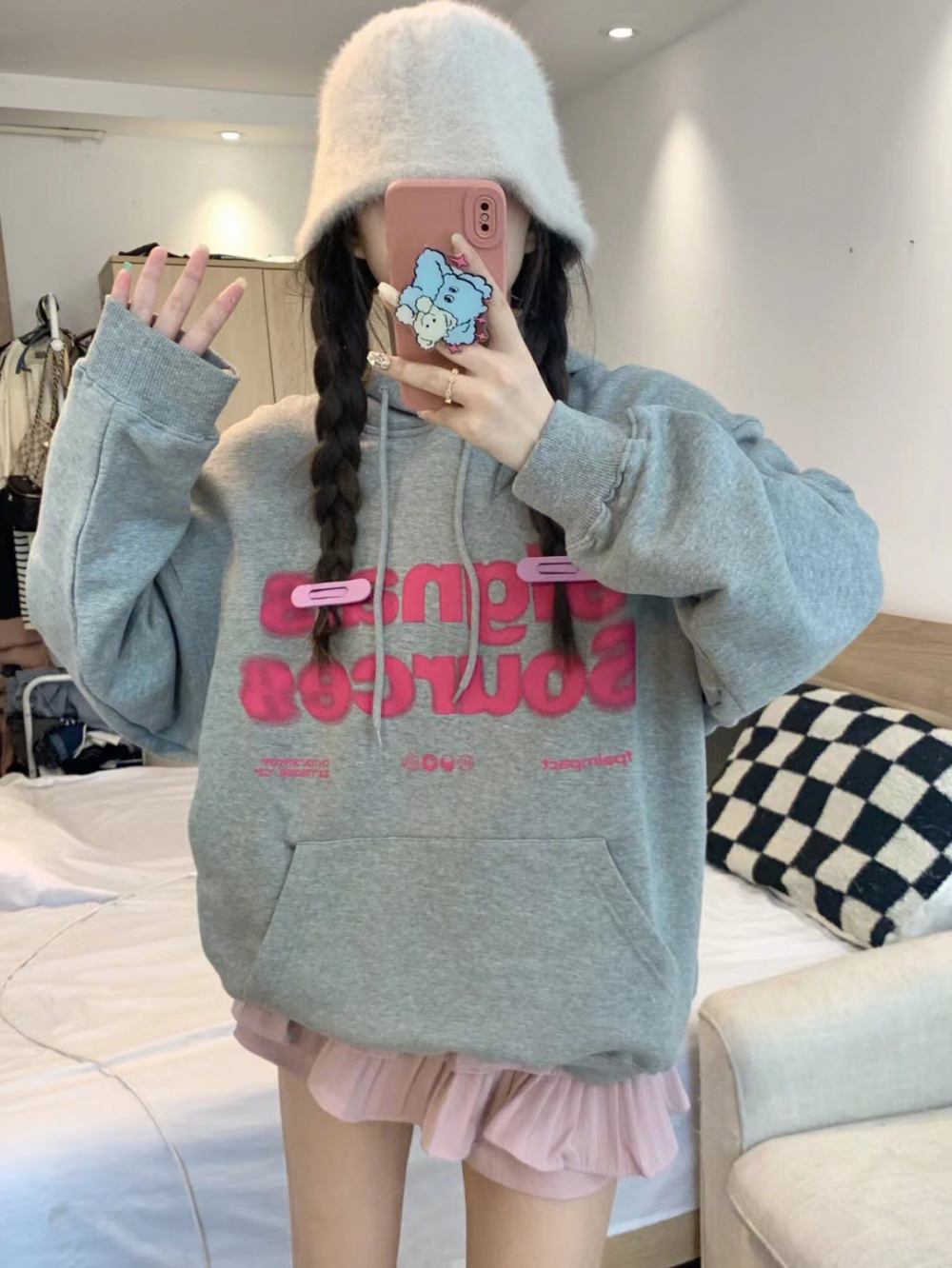 Loose autumn cotton printing hooded hoodie for women