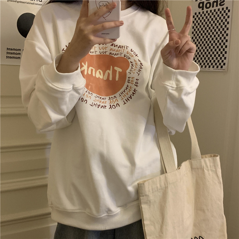 Round neck large yard all-match printing thin hoodie for women