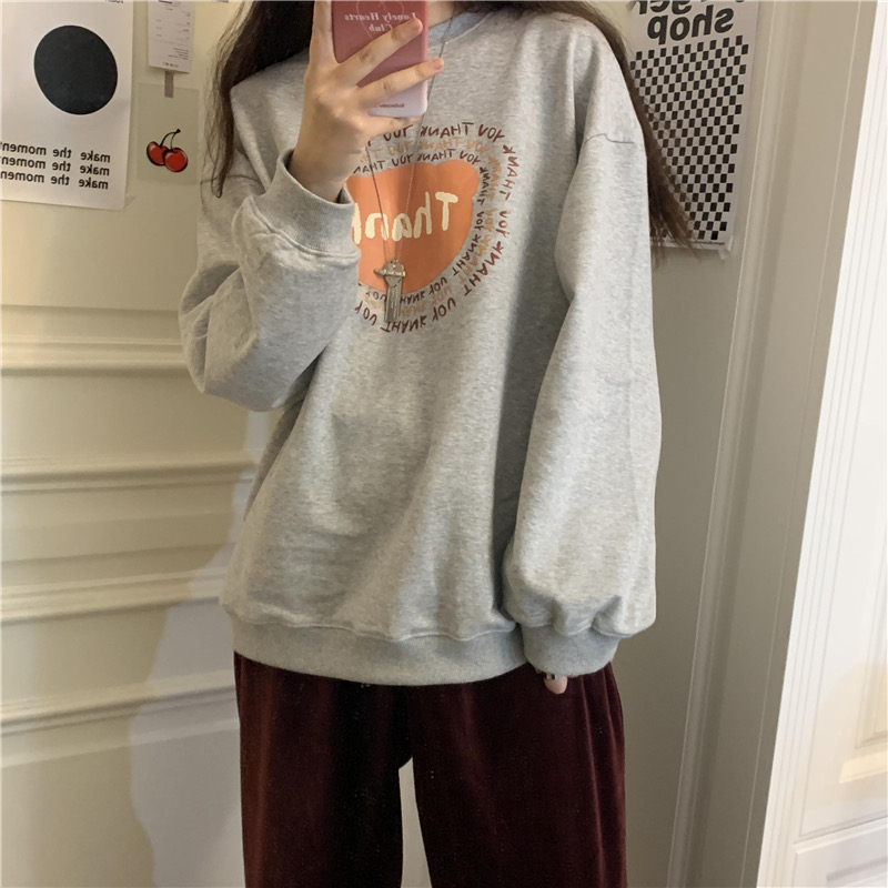 Round neck large yard all-match printing thin hoodie for women