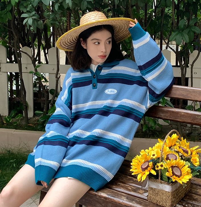 Autumn loose sweater knitted stripe coat for women