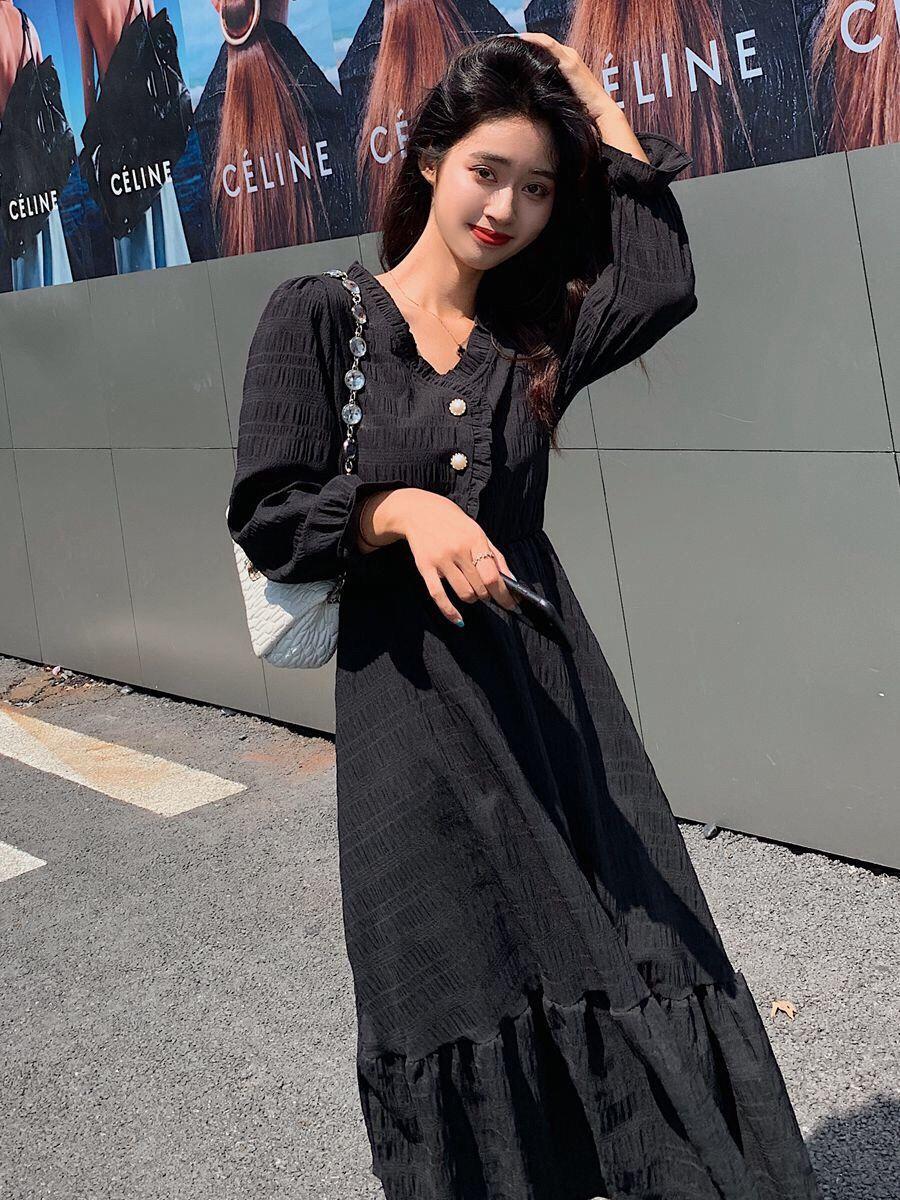 Autumn and winter lady lined long sleeve long slim dress