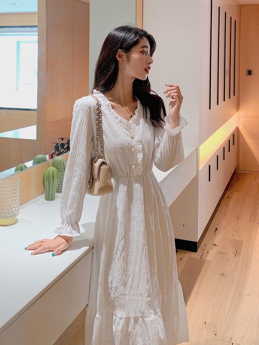 Autumn and winter lady lined long sleeve long slim dress