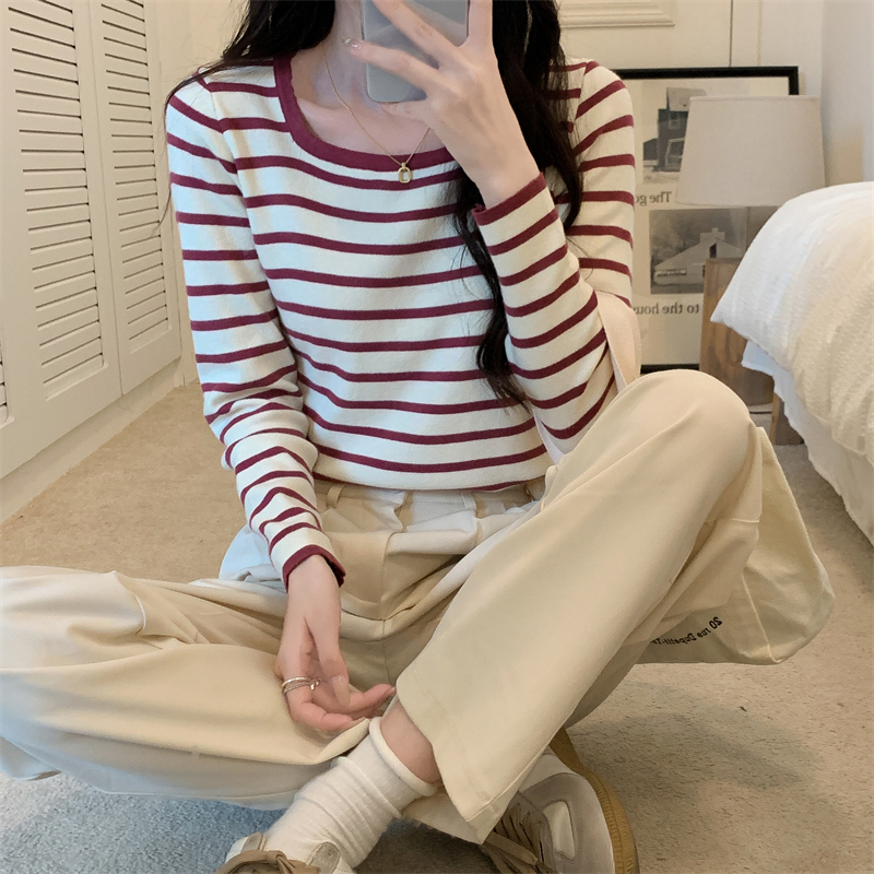 Stripe long sleeve T-shirt loose tops for women