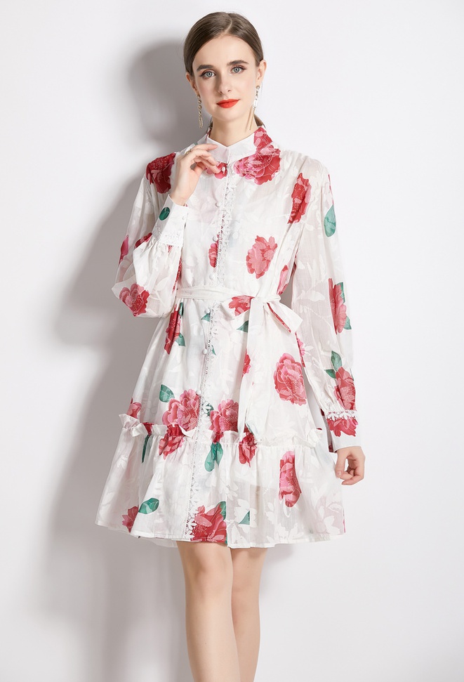 Fashion cstand collar lantern sleeve printing autumn dress