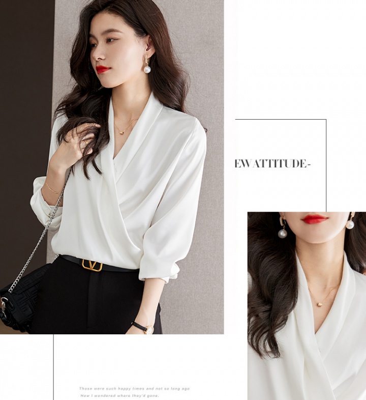 V-neck temperament shirt white satin tops for women