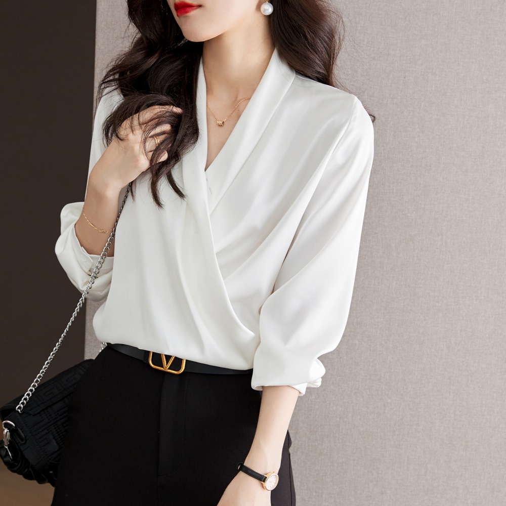 V-neck temperament shirt white satin tops for women