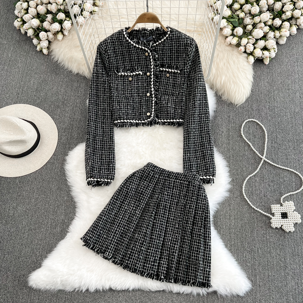 Loose fashion woolen coat single-breasted skirt 2pcs set