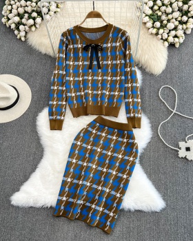 Ladies round neck fashion tops knitted loose skirt 2pcs set